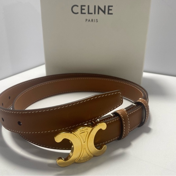 Celine Women's Tan Leather Belt with Gold Buckle - Picture 1 of 8